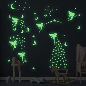 Glow in The Dark Fairy Wall Decals, Luminous Fairies Wall Stickers Bedroom Ceiling Decoration , Butterfly and Star Room Decor for Girls Kids Princess
