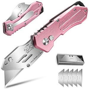 Jetmore Box Cutter Utility Knife, Pink Folding Utility Knife box cutters, Sharp Razor Knife Box Cutter Knife with 5 SK5 Blades, Portable Box Knife Box Opener for Box, Carton, Cardboard