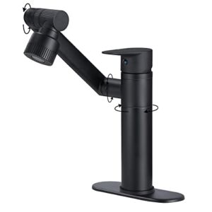 HUAHUALALA 1080 Degree Swivel Faucet for Bathroom Sink,Matte Black Kitchen Faucet with Big Angle Rotate Spray Dual Function,Single Handle Vanity Faucet with Deck Plate,Lavatory Faucet,1 or 3 Hole