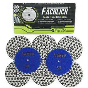 FACHLICH Dry Diamond Polishing Pads,100mm/4 Inch 8pcs Grit 50 for Granite,Marble,Quartz Stone Countertop,Sanding Grinder or Polisher Pads