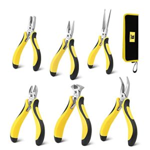 B BOSI TOOLS 6-piece Mini Pliers Set, Making Tools Kit Includs Needle Nose Pliers, Diagonal Pliers, Long Nose Pliers, Bent Long Nose Pliers, End Cutters and Linesman’s Pliers, with Storage Pouch