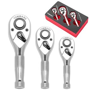 TOMMARS Stubby Ratchet Set, 1/4″, 3/8″, 1/2″ Drive Ratchet Handle Wrench 72-Tooth Quick-Release Reversible