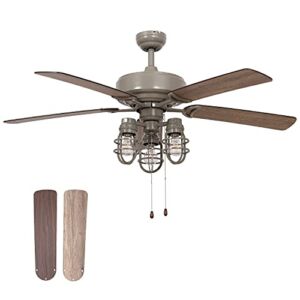 52 Inch Indoor or Covered Outdoor Ceiling Fan with Light Kit, Industrial Pull Chain Control, Reversible Motor and Blades, ETL Listed for Living room, Bedroom, Basement, Kitchen, Quartz Grey Finish