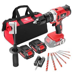 Upgraded 20V Cordless Hammer Drill Set, 2 * 2.0Ah Battery and Charger, 530ln-lbs Torque, 1/2″All-metal Keyless Chuck, Screw Driver, Drill and Power Hammer Drill for Concrete, Variable Speed