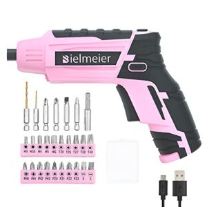 Bielmeier Pink Electric Screwdriver Kit 5N.m, 4V Lithium ion Battery Cordless Screwdriver Rechargeable with LED Light and USB Charge Cable，27pcs Accessories