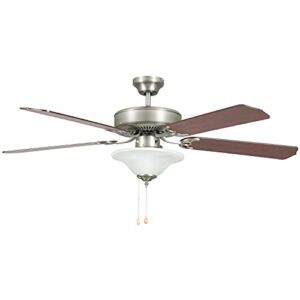 Noble Home 52 Inch Ceiling Fan with Lights | 5 Blades, LED Lighting Kit with Pull Chain, Glass Bowl Shade, and Downrod | Indoor Fixture for Bedroom, Living Room, and Home Office, Satin Nickel