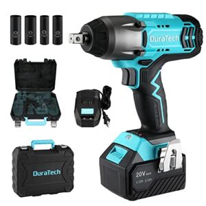 DURATECH 20V Cordless Impact Wrench, 330 Ft-lbs High Torque Wrench, 1/2-inch Sockets Cr-v Steel, 4.0A Large Capacity Battery and Fast Charger Included