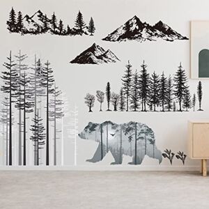 3 Sheets Mountain Forest Bear Wall Decals Stickers Pine Tree Wall Decals Woodland Trees Wall Stickers Deer Forest Decals for Kids Nursery Bedroom Living Room Decor, 11.8 x 35.4 Inches (Bear)