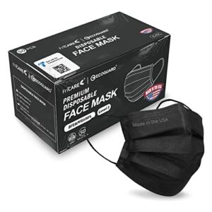 Made in USA, 4-ply Black Disposable Face Mask by ECOGUARD, ASTM Level 3 Performance Proven in Third Party Independent Labs Studies Pack of 50