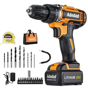 Adedad 20V Cordless Drill Set Electric Power Drill Kit with Battery and Charger, 3/8 Inch Keyless Chuck, 21+1 Position,2 Variable Speed, LED Light and 26pcs Accessories