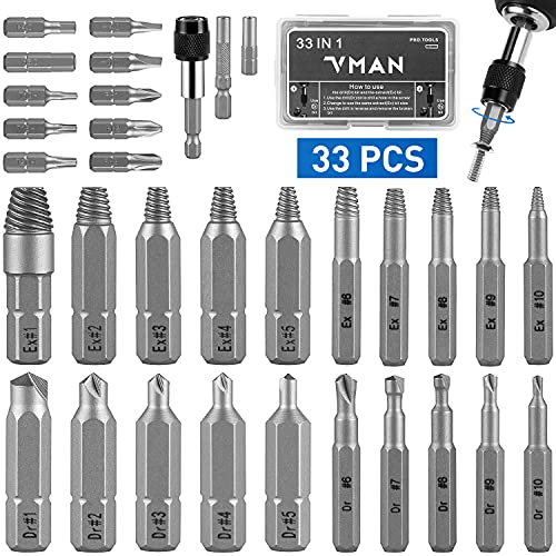 VMAN 33PCS Damaged Screw Extractor Set Stripped Screw Extractor Set for Broken Bolt, Screw Extractor Remover Tool with Socket Extension Bit, Easily Remove All-Purpose Broken Bolt, Stripped Screws | The Storepaperoomates Retail Market - Fast Affordable Shopping
