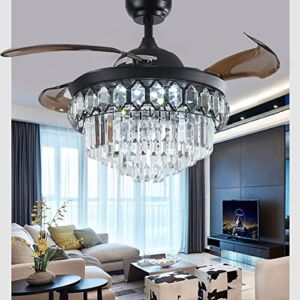 42″ Retractable Blade Ceiling Fan with Crystal Modern Fandelier Ceiling Fan with Lights Indoor LED Luxury Ceiling Fan Chandelier,3 Lighting Color Nosie-Free Fan Rustic Black