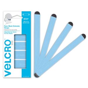 VELCRO Brand Face Mask Extender Straps 4pk Light Blue, 12” x 1” Comfortable and Adjustable Ear Savers, VEL-30692-USA