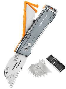 FantastiCAR Blade-Storage Folding Utility Knife, Quick Blade Change Box Cutter, with Safety Lock and Extra 15 Blades (Orange)