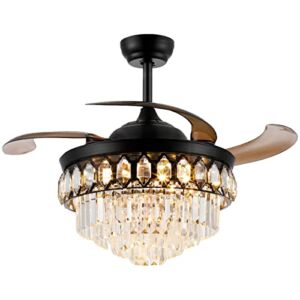 42″ Retractable Chandelier Ceiling Fan with Light and Remote Control Modern Crystal fan with Light kinds of Color Dimming 6-Speed LED Fandelier with Invisible Silent Blades