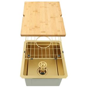 LQS Bar Sink, Gold Undermount Bar Sink, RV Sink, Stainless Steel Bar Sink 15″ x 17″, 16 Gauge Workstation Sink, Small Single Bowl Kitchen Sink with Cutting Board, Sink Protectors and Accessories