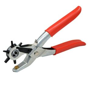 Leather Hole Punch Tool Set Heavy Duty 6 Size Revolving Leather Belt Hand Hole Puncher for Belts, Watch Bands, Straps, Dog Collars, Saddles, Shoes, Fabric, DIY Home or Craft Projects (9”, Silver/Red)