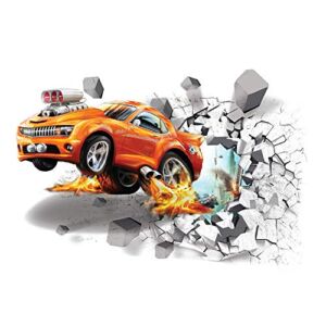 Supzone 3D Car Wall Decals Broken Wall Sticker Self-Adhesive Leap Car Wall Decor Vinyl Removable Automobile Wall Art for Kids Sport Car Wall Stickers for Bedroom Playroom Wall Mural