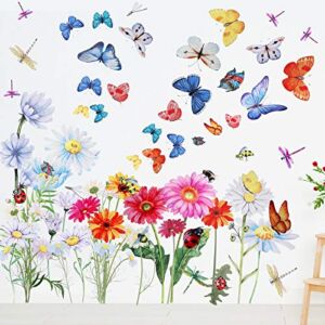 Flowers Butterflies Wall Decals Chrysanthemums Dragonflies Wall Sticker Flowers Peel and Stick Wall Art Removable PVC Garden Decal for Kids Room Nursery Classroom Bedroom Decor (Colorful)