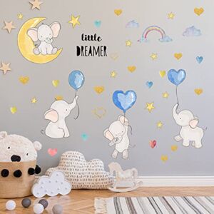 Colorful Balloon Flying Animals Wall Decals, Cute Elephant Love Hearts and Stars Wall Stickers, DILIBRA Removable Peel and Stick Cartoon Neutral Vinyl Wall Decor for Kids Nursery Bedroom Living Room