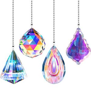 4 Pieces Crystal Suncatcher Ceiling Fan Pull Chain Colorful Maker Pull Chain Extension with Connector for Bathroom Toilet Light Ceiling Light Fan (Longan, Round, Polygon, Quadrilateral)