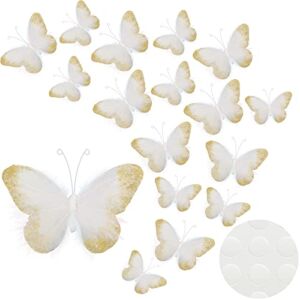 16 Pieces Feather 3D Butterfly Wall Decals Gold Glitter Butterfly Decor Stickers for Room Home Nursery Classroom Offices Kids Girl Boy Bedroom Bathroom Living Room Decor (White)