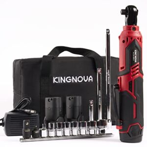 KINGNOVA Cordless Electric Ratchet Wrench 3/8″ 1/4″ 1/2″,40 Ft-lbs,12V Power Ratchet Wrench Kit,2-Pack 2.0Ah Lithium-Ion Batteries,1H Fast Charger,3″ 6″ 10″ Extension Bar,7 Sockets