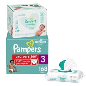 Pampers Pull On Diapers Size 3 and Baby Wipes, Cruisers 360° Fit Disposable Baby Diapers with Stretchy Waistband, 168 Count ONE MONTH SUPPLY with Baby Wipes 6X Pop-Top Packs, 336 Count