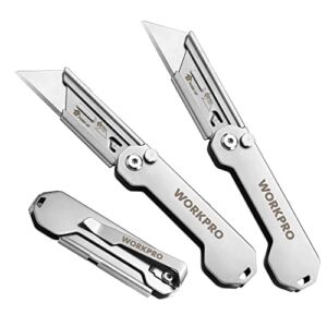 WORKPRO Folding Utility Knife, Quick Change Blades Box Cutter, 3-Pack EDC Foldable Pocket Utility Knife Sets with Belt Clip