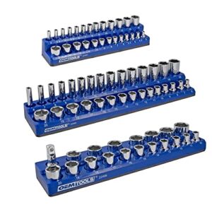 OEMTOOLS 22486 3 Piece Metric Magnetic Socket Tray Set, Magnetic Socket Organizer Holds Up to 75 Sockets in 1/4″, 3/8″, and 1/2″ Sizes, Blue Magnetic Socket Holders