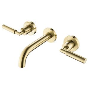 RBROHANT Brushed Gold Wall Mount Bathroom Faucet, Wall Mounted Sink Faucet, Dual Handle, Solid Brass, Rough-in Valve Included