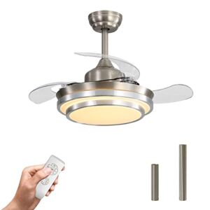 warmiplanet Retractable Ceiling Fans with Lights and remote, modern ceiling fan for bedroom , 36 inch Retractable Ceiling fan for Bedroom, Living Room , Office, Kitchen, Dining Room, Brushed Nickel