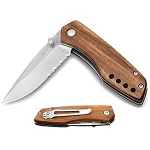 Pocket Knife with Belt Clip, Folding Tactical Knife for Camping Hunting Fishing, Safety Liner-Lock, 8cr13mov Stainless Steel Blade, Zebra Wood Handle, Half Serrated Edge