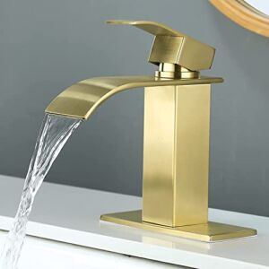 Ntipox Gold Waterfall Spout Bathroom Faucet,Single Handle Single Hole Bathroom Vanity Sink Faucet, Rv Lavatory Vessel Faucet Basin Mixer Tap with Deck Plate, Brushed Gold