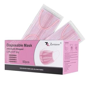 Disposable Face Masks 50 Pack Individually Wrapped for Adults Breathable Filter Mask (50 pcs, Pink)