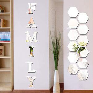 18 Pieces Acrylic Mirror Wall Stickers Family Sign Letters Rustic Farmhouse Wall Decor Removable Acrylic Mirror Setting Wall Sticker Decal for Living Room Bedroom Kitchen Decorations (Silver)