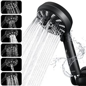 Shower Head – WaterSong 10 Settings Hand Shower, 4.5 Inch Handheld Spray with 70″ Hose/Adjustable Mount Holder for Luxury Bath Massage Spa, One Button Switch to High-Pressure/Water-Saving, Matte Black