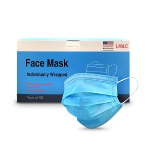 MADE IN USA, U.S.A.-manufactured, 3-Layer Masks, Individually Wrapped, Uv Sanitized, 50 Pack, Astm Level 3 Mask, Made in an Iso 5 Cleanroom, Breathable Non-woven Blue Disposable Face Mask
