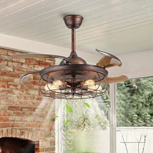 SILJOY Retractable Ceiling Fan with Lights and Remote, 42″ Industrial Caged Ceiling Fan Lights, Reversible Vintage Fans 6 Speeds Farmhouse Fan Fandelier for Bedroom, Living Room, Kitchen,4 Blades