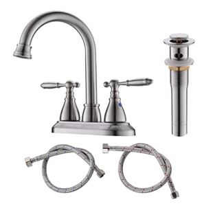 Two Handles Brushed Nickel Bathroom Faucets with Pop-up Drain Assembly,4 Inch Bathroom Sink Faucet with Two Water Supply Lines, Easy to Clean, Durable & Safety
