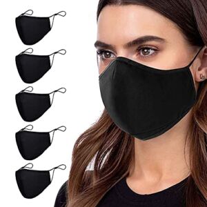 5 PCS Protective Covers with Two Adjustable Elastic Loops, Unisex Small Face Masks, Fabric M Cotton Reusable with Nose Curved, Black Dust-proof Protective Cloth, Reusable Face Mask for Men and Women