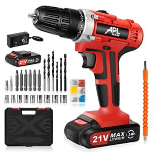 APLMAN Cordless Drill 21V with with Battery Electric Drill Kit 26pcs Accessories 3/8″ Drill set All-Metal Chuck 25+1 Torque Setting,2 Variable Speed and LED