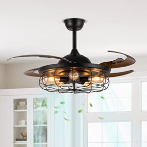 Farmhouse Industrial Ceiling Fans with Light, Siljoy 48″ Vintage Black Cage Invisible Chandelier Ceiling Fan Retractable Reverse Blades Fandelier for Living Room Bedroom