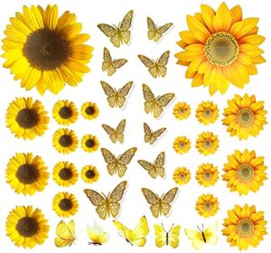 39PCS Sunflower Wall Stickers & 3D Gold Butterfly Wall Stickers,Peel and Stick Yellow Sunflower Wall Decor,Removable Waterproof Wall Decals for Living Room Bathroom Bedroom Decoration