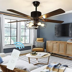 Depuley 52”Caged Industrial Ceiling Fan with Light, Farmhouse Black Ceiling Fan with 5 Reversible Plywood Blades & Remote, Rustic Ceiling Fans Light Fixture for Bedroom, Timing, 5 E26 Bulbs Not Incl.