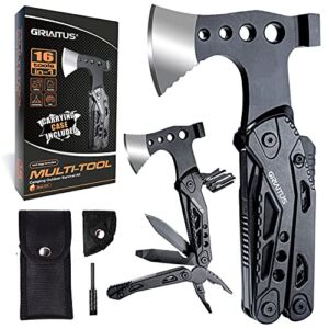 Camping Multitool Accessories Gifts for Men Dad 16 in 1 Upgraded Multi Tool Survival Gear with Axe Hammer Pliers Saw Screwdrivers Bottle Opener Whistle & Portable Sheath For Hiking,Hunting,Fishing
