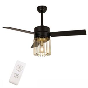 Modern Ceiling Fan Light Fixtures with Remote, Champagne Gold Metal Wire-Caged Lampshade, 48-in, 3-Blade, Adjustable Speed Vintage Chandelier Fan for Living Room/Bedroom/Office, E26 Base (black)