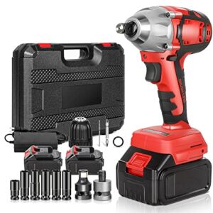 GYZJ Cordless Impact Wrench 1/2 Inch Brushless High Torque Wrenches 210 ft-lbs (280N.m) Right Angle Detent Anvil Impact Drive Set Kit 2 Battery 18V 2300RPM Chuck/Drill/Sockets/Tool Box/Fast Charger