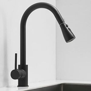 Dolinvo Kitchen Faucet with Pull Down Sprayer for 1 or 3 Hole Sink with Deck Plate Matte Black Pull Out Sprayer High Arc 2 Types of Jet with Pause Function Stainless Steel Single Handle with Hoses