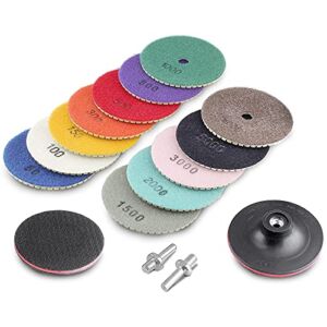 Jiozermi 16 Pcs 4 inch Diamond Polishing Pads Set, Wet and Dry Polishing Kit 50# to 8000# Grit with Hook and Loop Backer Pads for Granite Stone Concrete Marble Floor Grinder or Polisher